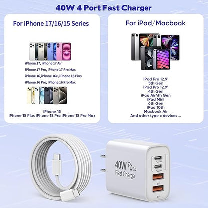 10FT iPhone 17 16 15 Pro Charger,2Pack 10Foot USB C to C Woven Cable Cord 40W USB C Apple Charger 4 Port PD&AC Charge Block Fast Charging for iPhone 17 Air/17 16 15 Pro Max/16e/16 Plus/15/15 Pro/iPad