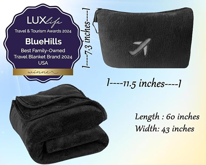 BlueHills 2-Pack Mini Premium Soft Plush Travel Blanket Pillow Airplane Essentials Flight Throw in Bag with Hand Luggage Strap Backpack Clip Accessories Portable Traveling Plane Blankets Black - M25