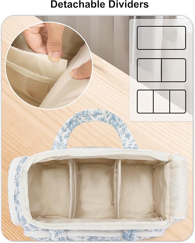 Travel Makeup Bag, Lightweight Wide-open Toiletries Bag for Women, Large Cosmetic Organizer Bag with Makeup Brushes Compartment for Travel-Sized Essentials for Trip, Camping - Blue Flower