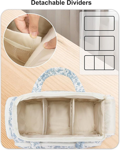 Travel Makeup Bag, Lightweight Wide-open Toiletries Bag for Women, Large Cosmetic Organizer Bag with Makeup Brushes Compartment for Travel-Sized Essentials for Trip, Camping - Blue Flower