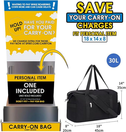 Narwey For Spirit Airlines Personal Item Bag 18x14x8 Foldable Duffle Bag for Travel Packable Duffel Bag for Traveling Carry on Bag for Airplanes Underseat with Wet Pocket for Women and Men (Black)