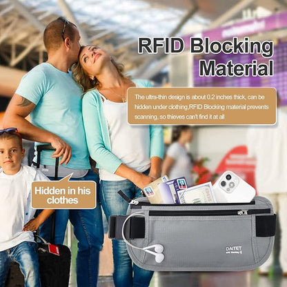 RFID Blocking Money Belt for Men Women, Slim Fanny Pack For Travel，Running,Conceal Waist Wallet For Passport Holder,Phone,Cash(Black Light Grey)
