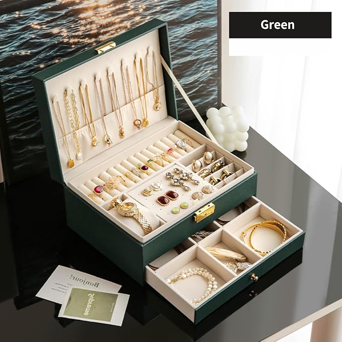 GUOER Jewelry Box for Women Girl Wife - Large PU Leather Jewelry Organizer Storage Case with Two Layers Display for Earrings Bracelets Rings Watches (Green)