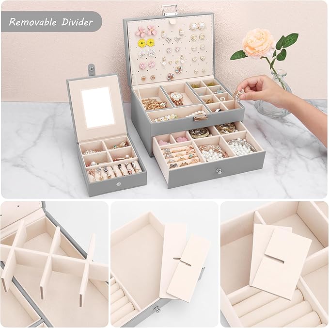 DesignSter Jewelry Organizer Box, 2 Layers Large Jewelry Box with Travel Jewelry Case, Leather Jewelry Storage Case for Rings Earrings Bracelets Necklaces (Gray)