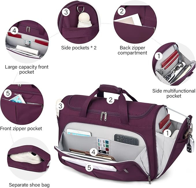 Hanke Carry On luggage Bags for Travel, Large Foldable Duffle Bag for Travel, Softside Lightweight Travel Bag Carry On Bags for Airplanes Women, Travel Tote Bags for Women Men.（Purple）
