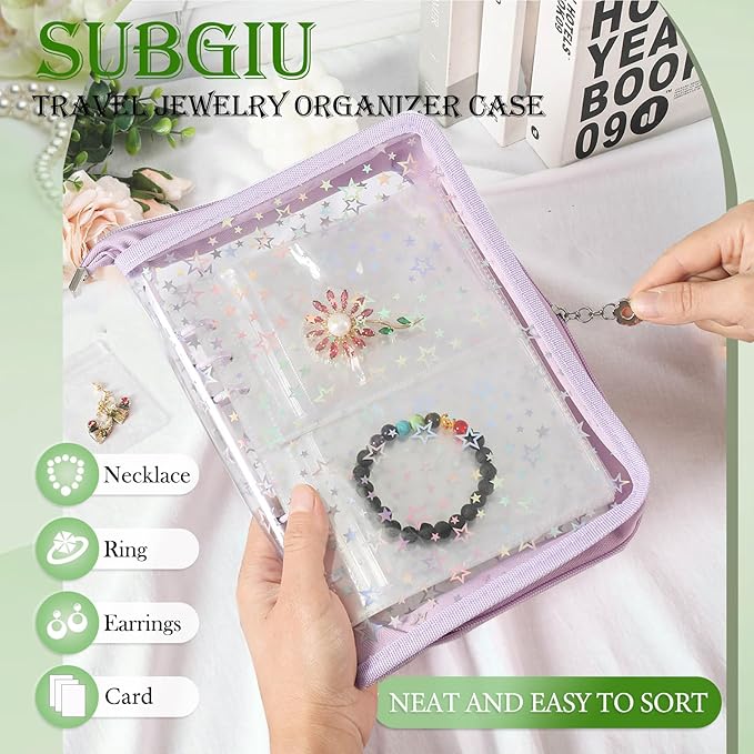 Jewelry Organizer Storage Case Travel Clear Earring Organizer Case Transparent Jewelry Storage Book with Small Clear Zippered Pouch (Purple, with 48 Pcs large Jewelry Pouches)