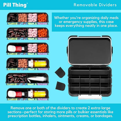 12-Compartment Weekly Pill Box Case with Removable Dividers, Waterproof, Travel-Friendly, with Medication Map and Medical Alert Cards (Black, 2 Pack)