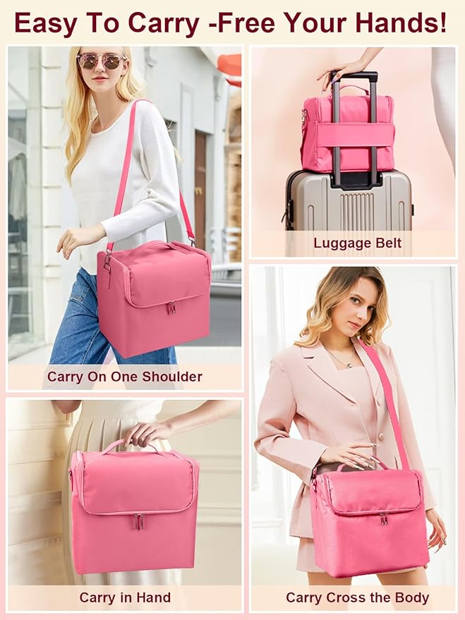 Deciniee Large Pink Makeup Nail Polish Organizer Bag, 4 Tier Professional Makeup Case, Waterproof Nylon, Travel/On-the-go Makeup Storage