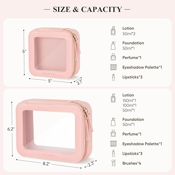 Clear Makeup Bag, Travel Toiletry Bag Cosmetic Case for Women, Waterproof Portable Make Up Skincare Pouch with Zipper, Compact Car Organizer Bag for Essentials, Mini & Medium, Pink