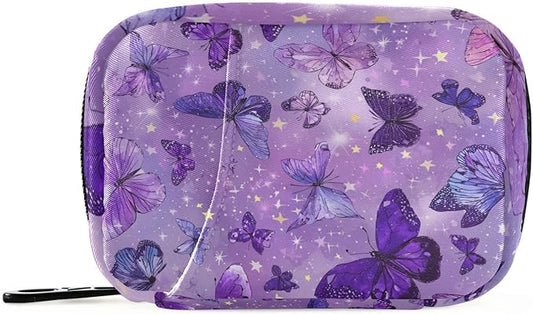 Pink Cute Butterflies and Stars Travel Pill Organizer Case Box Container Weekly Portable Vitamin Medicine Holder Storage Bag with Zipper Removable