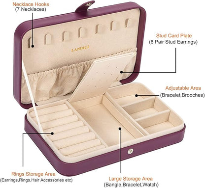 LANDICI Small Jewelry Box for Women Girls, PU Leather Travel Jewelry Case, Portable Jewelry Organizer Storage Holder Display for Ring Earrings Necklace Bracelet Bangle Men Kids Gift, Purple