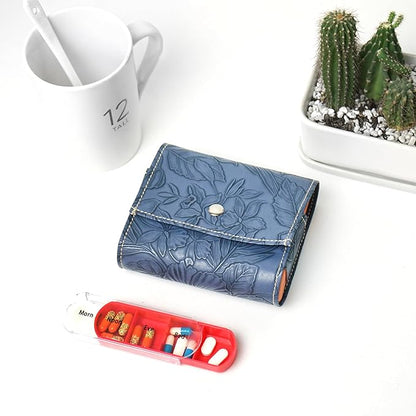 Pill Organizer,LIZIMANDU Weekly Travel Pill Case Box Medication Reminder Daily AM PM, Day Night 7 Compartments,for 4 Times A Day, 7 Days a Week-Includes Leather PU Carrying Case(1-Carved Blue3)