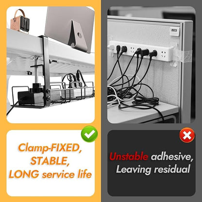 Under Desk Cable Management Tray No Drill 2pack Kit- 15.7'' Long 5.1'' Wide Tray, Steel Cord Organizers, 4 Cable Holder, 12 Roll Cable Organizer Straps, No Drill, No Damage to Desk(Black)