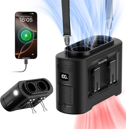 Socool 14500mAh Portable Waist Fan Clip On Wearable Belt Shirt Fan 5 Speeds with Dual Air Outlet & Flashlight Personal Hanging Neck Fans Battery Operated Rechargeable 40H Cooling For Camping Jobsite