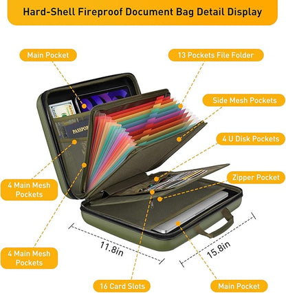 Fireproof Document Organizer with Lock, 2000℉ File Organizer Safe Box Fireproof Waterproof, Hard Shell Fire Proof Document Bag with 13 Pocket Accordion File Folders, Home Storage Office Organization