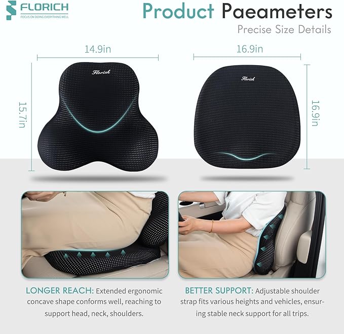 FLORICH Car Seat Cushion and Lumbar Support Pillow for Office Chair Car, Ergonomic Memory Foam, Relieves Back Sciatica Pain, Pressure-Relieving Back Support for Car, Office Chair & Wheelchair – Black