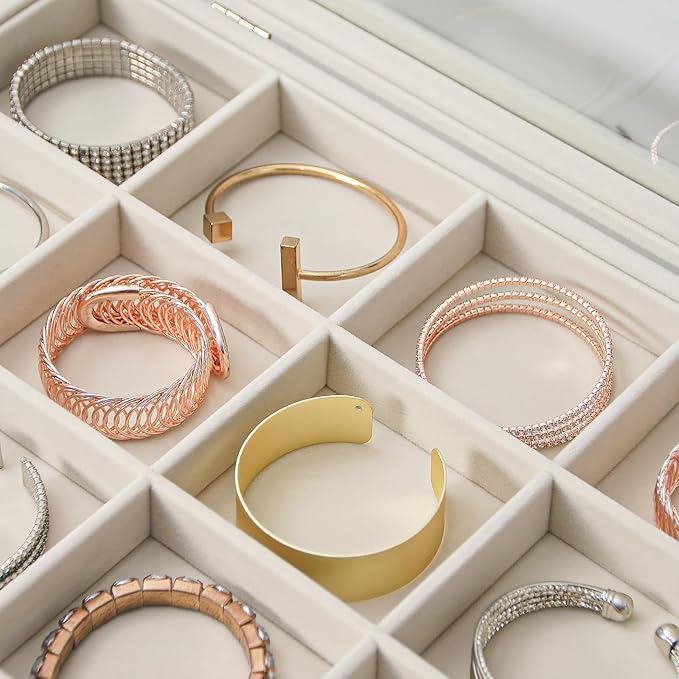 Coward Jewelry Organizer Box, Beige Velvet 12 Grids Bracelet Bangle Necklace Jewelry Display Tray Case with Transparent Glass Lid for Home Drawer Desk or Store Selling Show