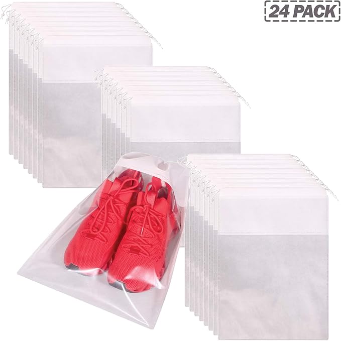 24 Pack Portable Shoe Bags for Travel Large Shoes Pouch Storage Organizer Clear Window with Drawstring for Men and Women White