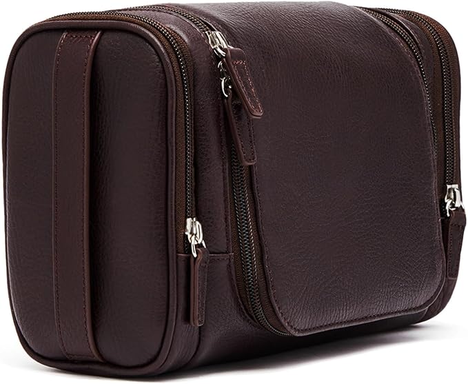 Leatherology Premium Espresso Small Hanging Toiletry Kit – Compact Leather Travel Organizer with Interior Zip Pockets, Mesh Pouches & Hanger | Full-Grain Leather Toiletry Bag for Men & Women