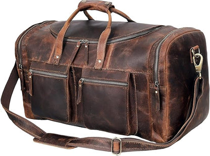 20" Vintage Duffel Classic Style with Modern Outlook Retro Thick Full Grain Cowhide Handmade Airplane Underseat Carry On Bags Leather Gym Overnight Luggage Bag