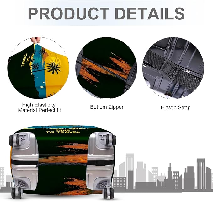 ANNA QUEEN Tropical Vacation Luggage Cover, Sunset & Beach Island Design, Stretchable, Washable Suitcase Protector for 20-34 Inch Luggage