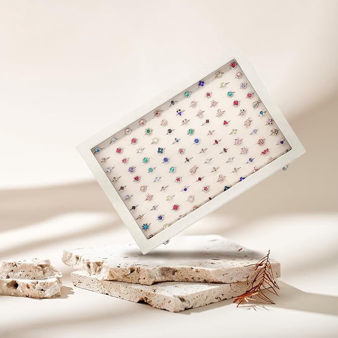 Stratalife Jewelry Organizer Ring Storage Display Tray with Clear Glass Lid Velvet Jewelry Showcase Ring Box for Multiple Rings Drawer Display 100 Slot (Beige)