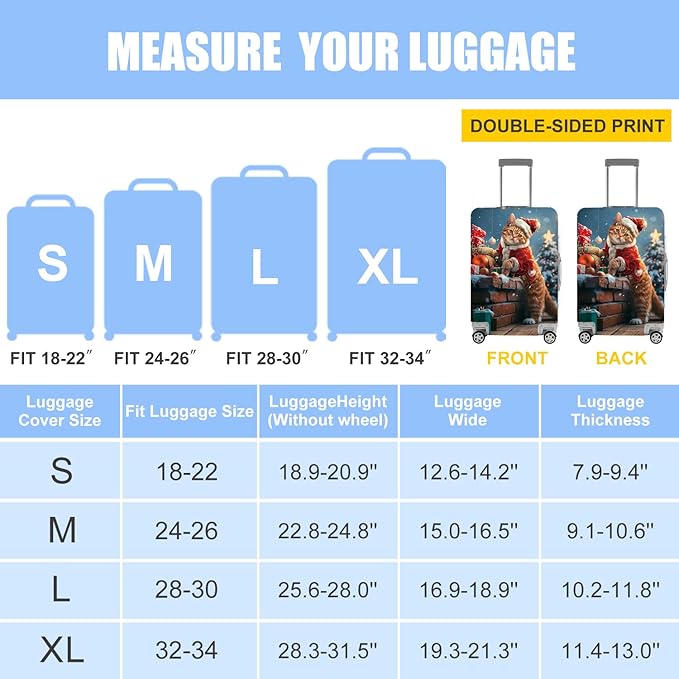 Christmas Cat Luggage Cover – Cute Santa Kitty Suitcase Protector, Holiday Travel Luggage Sleeve, Stretchable & Waterproof,S