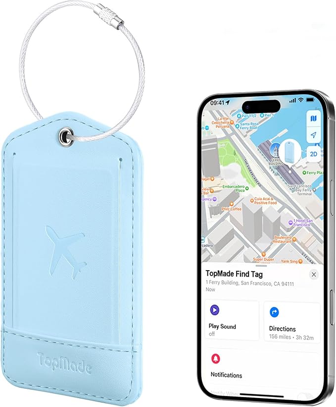 TopMade Smart Luggage Tag with Find My, Premium Leather Luggage Tags for Suitcase, Travel Bags, Backpacks, Anti-Lost Suitcase Tag Tracker for Travel with Privacy Name Card, Rechargeable