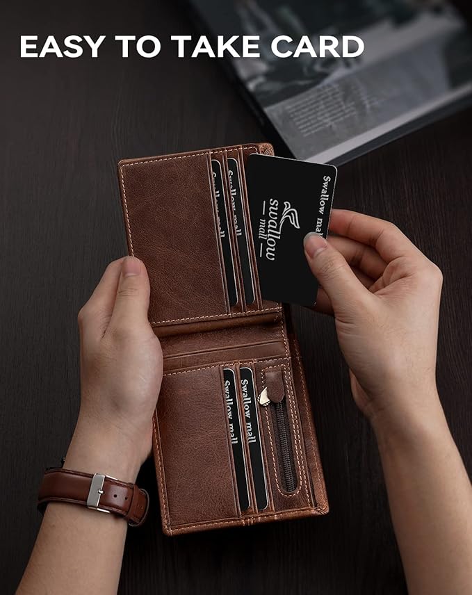 Swallowmall Leather Wallet for Mens Genuine Leather RFID Blocking Bifold Wallets with 1 ID Window 15 Card Slots