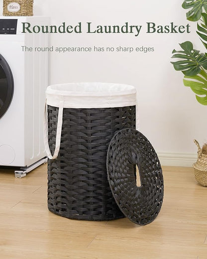 Laundry Hamper with Lid Laundry Basket with Lid 19.0 Gal (72 L) Round Wicker Laundry Basket Handwoven Rattan Basket with Lid Removable Bag 2 Mesh Bags Handles for Living Room Bathroom Black