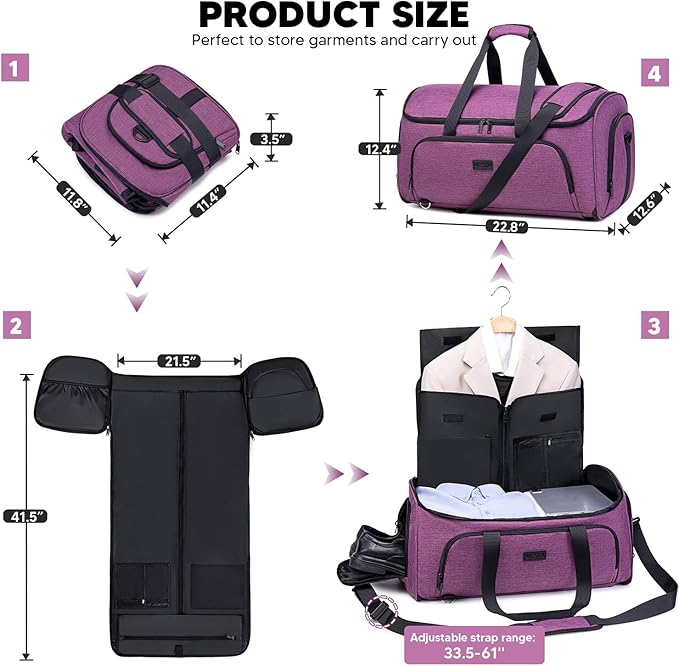 Convertible Garment Bag with Shoulder Strap, 58L capacity Garment Duffle Bags for Travel 4 in 1 Foldable Carry on Garment Bags Suit Bag with Shoes Compartment Garment Bag for Men Women,Purple