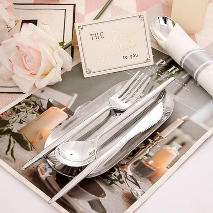 LUODA 30 Pack Pre Rolled Silver Plastic Silverware, Heavy Duty Wrapped Disposable Cutlery Set Includes 30 Forks, Knives, Spoons & Linen Napkins, Silver Flatware Set for Party