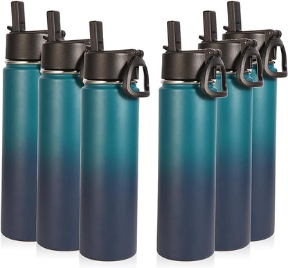 Volhoply 24oz Insulated Water Bottle With Straw Bulk 6 Pack,Metal Wide Mouth Water Bottles With Handle Keep Cold,Reusable Double Wall Cups,Powder Coated Sport Bottle For Holder(Dark Night,6 Count)