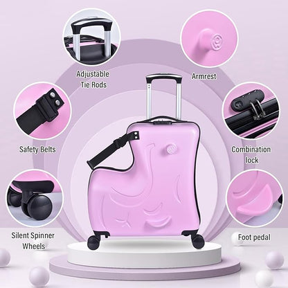 20 Inch Riding Trolley for Kids,Toddler Luggage Seat Ride with Lock | Kids Travel Suitcase with Safety Belt, Wheels for Toddler Airplane Travel, ABS+PC (Pink)