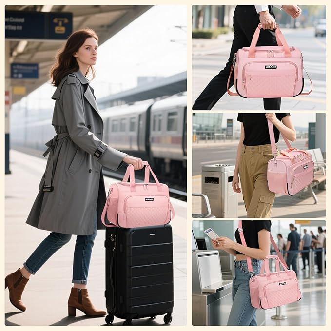 Travel Duffle Bag for Women, Underseat Carry On luggage Bag Foldable Overnight Weekender Hospital Bag Lightweight Airplanes Personal Item Travel Tote Bag for Women Birthday Gifts, 16IN Pink