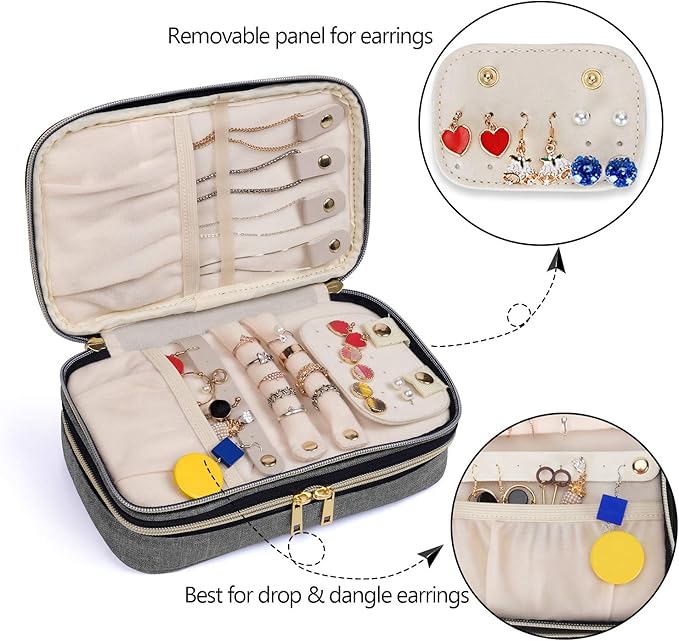 Teamoy Double Layer Jewelry Organizer, Jewelry Travel Case for Rings, Necklaces, Earrings, Bracelets and More(Medium, Gray)