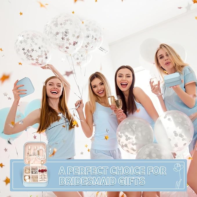 Leezmark 8 Pcs Jewelry Travel Case, Bridesmaid Gifts Set Of 8, Velvet Portable Jewelry Travel Organizer Small Jewelry Box Bridesmaid Proposal Gifts Box Mini Storage Organizer Storage Box, Light Blue