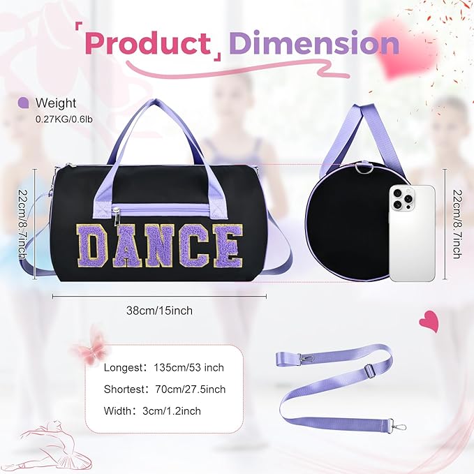 Dance Bag for Girls, KUIRAN 23L Waterproof Travel Duffel Bag with Colorful Chenille Letter, Lightweight Small Gym Sport Ballet Bag Weekender Bag with Large Main Compartment - Black/Purple