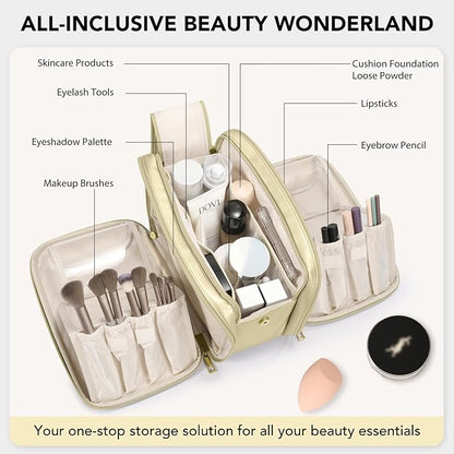 Travel Makeup Bag Women's Large Capacity Cosmetic Portable Organizer Large Opening Waterproof Storage Toiletry Bags Vertical Free-Standing Brush Holder for Easy Access Gold