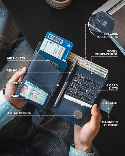 VULKIT Passport Holder with Airtag Holder RFID Blocking Passport Wallet Travel Leather Passport for Women(Navy)