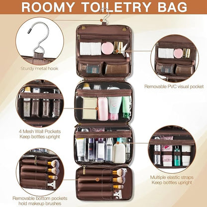 Elviros Hanging Toiletry Bag Removable Travel Bag PU leather Makeup Cosmetic Organizer Kit, Coffee