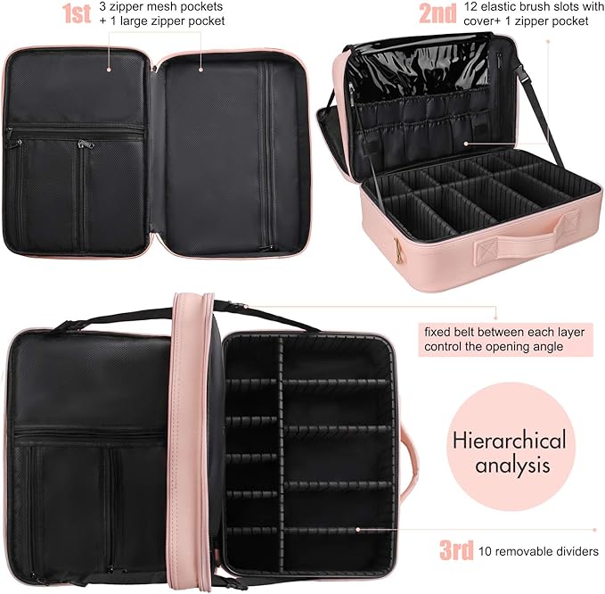 Relavel Makeup Case Large Makeup Bag Professional Train Case 16.5 inches Travel Cosmetic Organizer Brush Holder Waterproof Makeup Artist Storage Box, 3 Layer Large with Adjustable Strap (Pink)