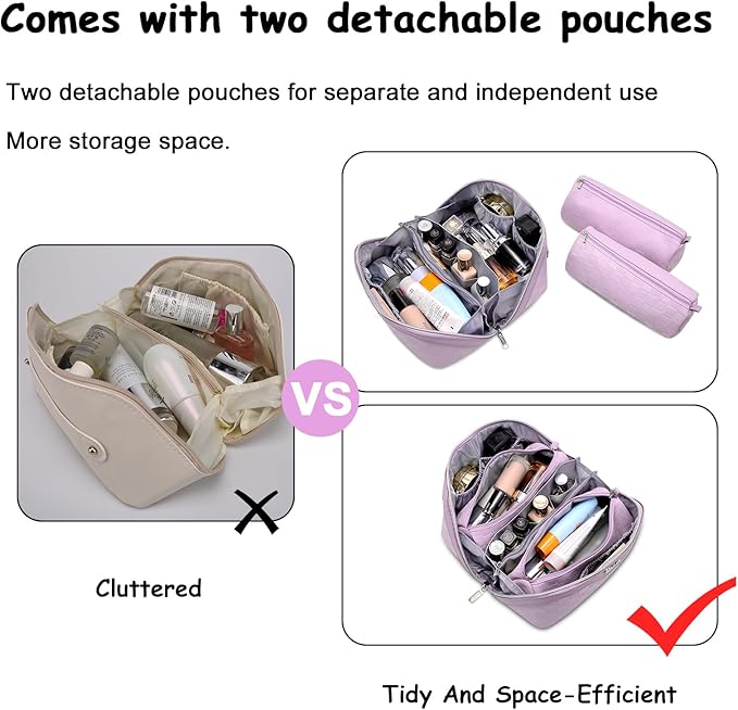 BOYATU Travel Makeup Bag Organizer Cosmetic Bag: 3 Pcs Set Make up Bags for Women with Handle - Waterproof Vegan Leather Toiletry Bags Travel Essentials Pouch with Compartments (02-Purple)