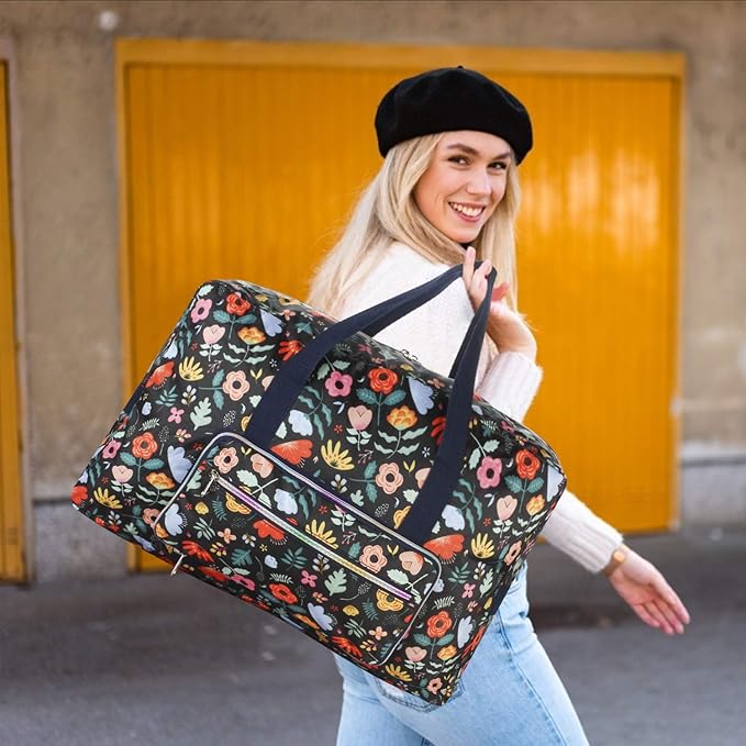 Travel Foldable Waterproof Duffel Bag - Lightweight Carry on Luggage Tote Duffel Bag(Black Floral)