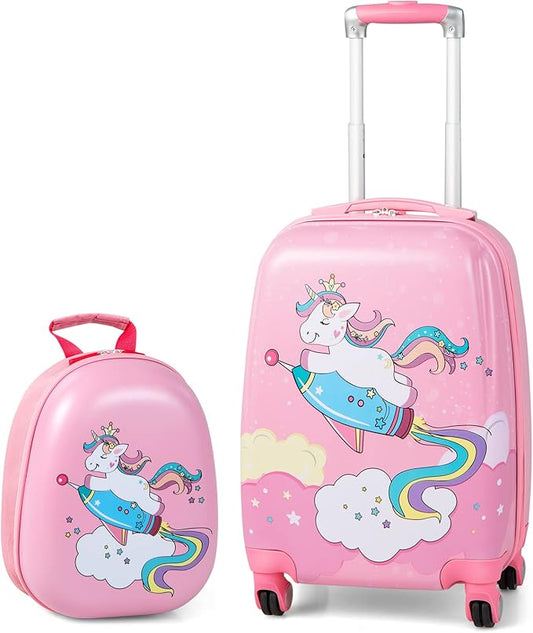 KOTEK Kids Carry On Luggage Set, 18" Hardside Rolling Suitcase with Spinner Wheels, Travel Rolling Luggage for Boys Girls (Pink Unicorn)