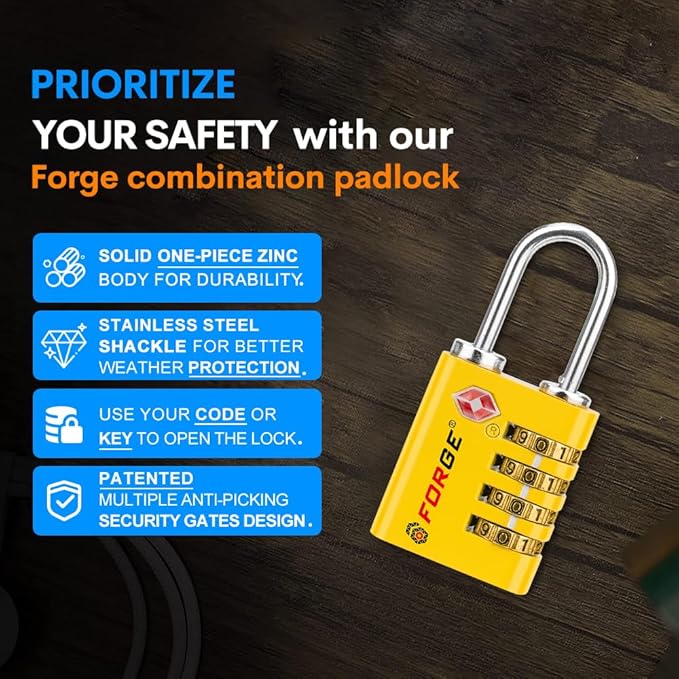 Forge Dual-Opening: Key or Combination Access Lock, TSA Approved Locks for Luggage, Pelican case, Travel, Gym, School, Stainless Steel Shackle.(Yellow, 4 Pk)