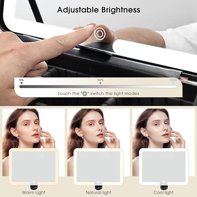 Leather Makeup Case with LED Lighted Mirror 11.4 Inch Travel Makeup Bag Adjustable Brightness in 3 Colors Cosmetic Organizer Artist Storage Bag with Dividers Brush Holder Bag Vanity Black Checkerboard