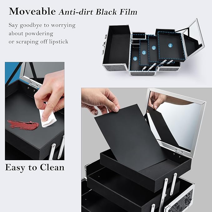 FRENESSA Makeup Train Case Makeup Box 11.8 Inch Large Makeup Case Organizer 3 Trays with Mirror Locking Cosmetic Storage Box for Cosmetics Nail Supplies Sewing Travel Case Black Floral