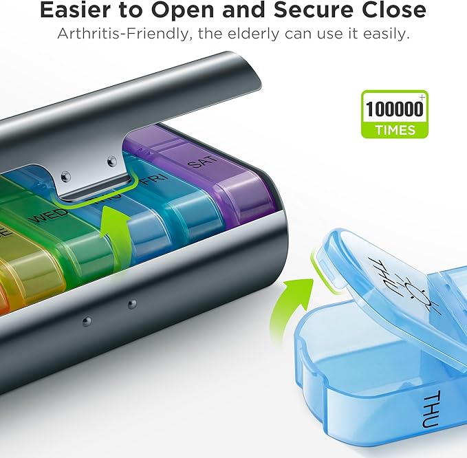 Zannaki Metal XL Weekly Pill Organizer 2 Times a Day, Large Travel Daily Pill Box 7 Day, Portable Week Twice Pill Holder Container, AM PM Pill Case for Medicine Vitamin Medication Supplement, Grey