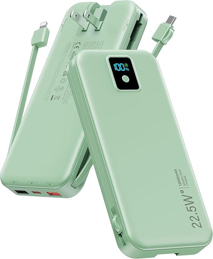 Portable Charger, 12000mAh 22.5W Fast Charging Power Bank with Built-in Cables & Wall Plug, Travel Essentials Battery Pack with LED Display, USB C External Battery Bank for iPhone iPad, Samsung Green
